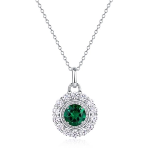 Vintage S925 silver necklace with emerald pendant and double halo of white zircon stones