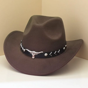 Brown wool felt western cowboy hat featuring silver bull head metal and rivet band
