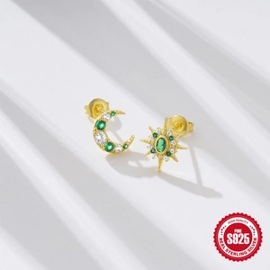 925 sterling silver gold-plated asymmetric star and moon stud earrings with green zircon