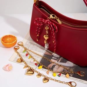 Stainless Steel 18K Gold Plated Bag Charm Keychain With Fruit Heart Enamel Pendants Artificial Pearl For Women Jewelry Accessory