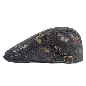 Vintage denim beret with colorful peony floral print and brass side buckle detail