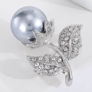 Elegant silver flower brooch with large grey pearl and sparkling clear rhinestones