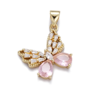 Exquisite golden butterfly pendant with pink teardrop and clear rectangular crystals