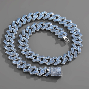 Collana a catena cubana Miami da 15 mm con strass blu pesanti in finitura argento