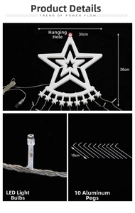 Detail of LED star waterfall lights with 10 aluminum ground stakes for outdoor garden decor