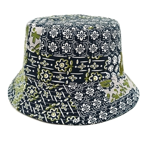 Detail shot of boho paisley bucket hat with patchwork ethnic pattern and durable canvas texture