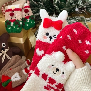 Thick coral fleece Christmas socks featuring cute 3D cartoon animal designs for winter warmth