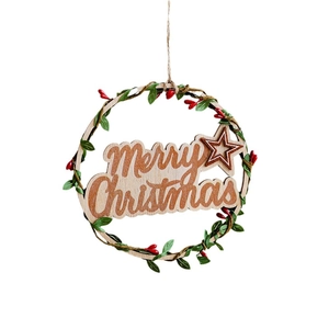 Wooden Merry Christmas wreath with red berries and green leaves on white background