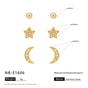 Detail showing 4mm circle, 10mm star, and 14mm moon stainless steel stud earring set