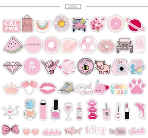 Close-up of 50pcs pink VSCO style stickers featuring floral and animal motifs