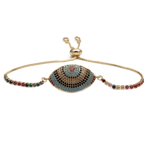 Golden Evil Eye bracelet with multi-color zircon stones and adjustable slider clasp closure