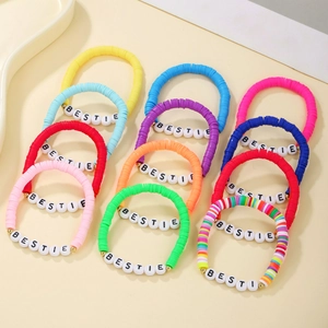 Colorful Bohemian clay bead BESTIE friendship bracelets in multi-layer rainbow stack style