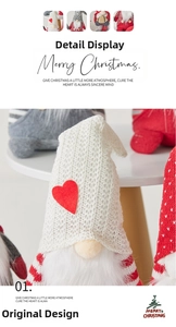 Detailed close-up of knitted Christmas faceless gnome dolls with red heart decorations