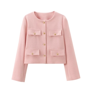 Short pink tweed jacket for women featuring elegant gold buttons and four front pockets