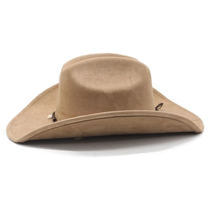 Close-up of a light brown suede cowboy hat featuring a dark woven band and bead detail