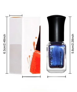 Detailed dimensions of blue glitter chameleon nail polish bottle and white packaging box