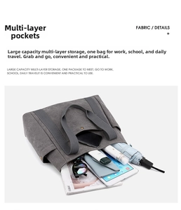 Flat lay of grey canvas tote bag with multi-pocket interior showing large capacity storage