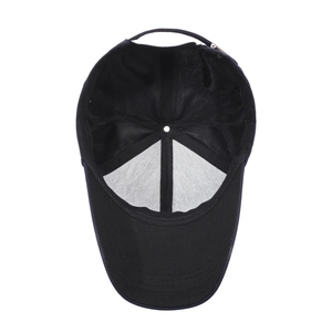 Men's black baseball cap with interior detail, metal buckle, and breathable eyelets