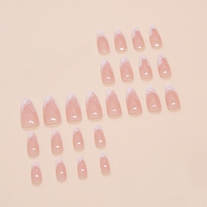 Set di 24 unghie finte a mandorla rosa con punte french effetto marmo bianco