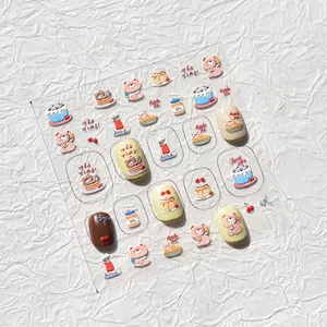 3D relief nail stickers featuring cute cartoon bears and afternoon tea dessert patterns