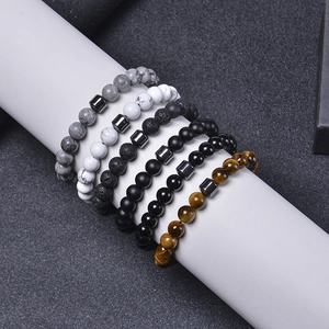 8mm black lava rock and tiger eye stone beaded stretch bracelet set for men and women