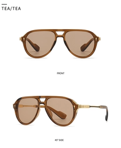 Front and 45-degree side view of tea-colored aviator sunglasses with metal details
