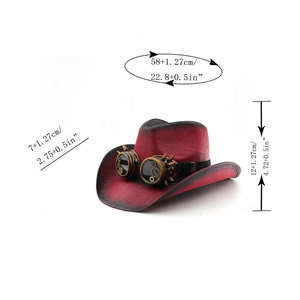 Steampunk cowboy hat with retro goggles and gear details showing size measurements
