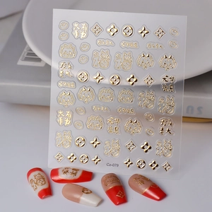 Golden 5D embossed dragon nail stickers with Chinese characters and flower patterns