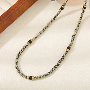 Retro multi-layered long beaded necklace with spotted natural stone and golden accents