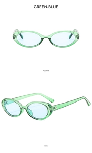 Front and side view of retro oval green frame sunglasses with light blue lenses