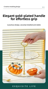 Macro view of double-tier rippled glass dessert stand with gold trim and metal handle