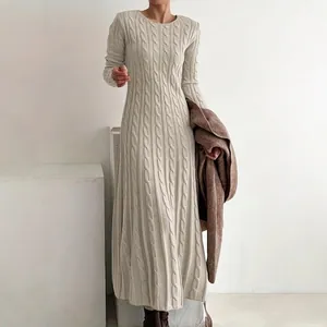 Slim fit cream cable knit long sleeve midi dress with elegant round neck design