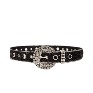 Chic black rhinestone belt for women with large round crystal buckle and metallic eyelets