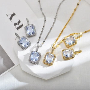 Hip Hop Square Zirconia Pendant Necklace Earring Set Copper Micro Inlaid Colorful Gemstone Jewelry For Women Gold Silver