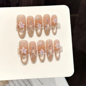 Handmade Press On Nails Nude Pink Gradient Long Oval Almond Shape 3D Flower Artificial Pearl Rhinestone Elegant False Nails