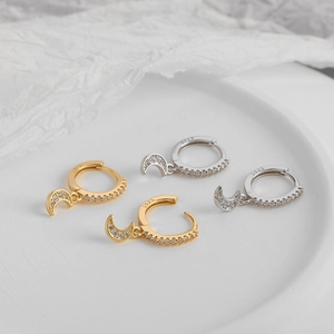 S925 sterling silver hoop earrings with crescent moon charms and white zircon stones