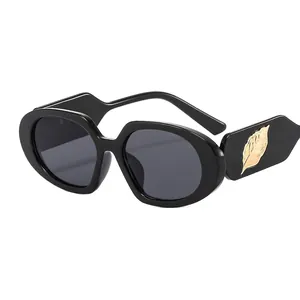 Oval Sunglasses With Golden Leaf Metal Decoration Fashionable Vintage PC Frame Eyewear For Travel Outdoor Fashion