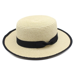 Women Straw Boater Hat Flat Top Sun Protection Summer Beach Wide Brim With Black Ribbon Bow Vintage Elegant