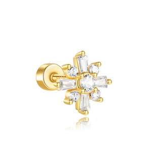 Macro view showing the S925 hallmark on gold snowflake stud earring with white zircons