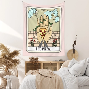 Detail of The Pizza tarot card tapestry with pink background and snake illustration