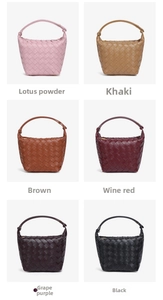 Detailed grid view showing six colors of woven leather handbags in minimalist bucket style