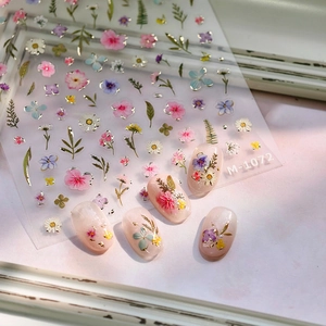 3D floral embossed nail art stickers with gold foil flower patterns for kids model M-1072