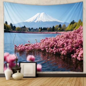 Detail of bohemian tapestry featuring Mount Fuji landscape with pink cherry blossoms
