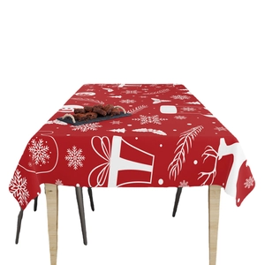 Christmas red plaid tablecloth with white snowflake and reindeer prints for holiday decor
