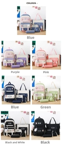 Detailed set of school backpacks in seven colors including blue, pink, and purple with charms