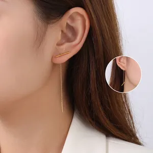 French style 18k gold plated stainless steel long bar threader earrings on female model