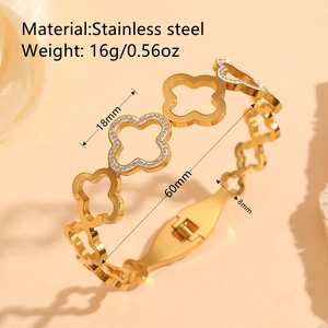 18K gold plated stainless steel clover heart bangle with diamonds and hollow details