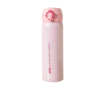 Pink stainless steel insulated water bottle with flip-top lid and Casno slogan print