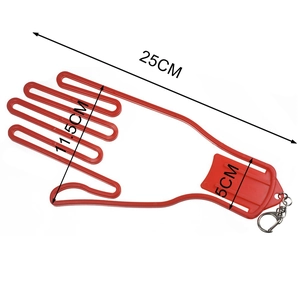 Red hand-shaped golf glove stretcher tool with precise dimensions 25cm length