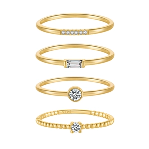 Minimalist 4-piece set of S925 sterling silver gold rings with sparkling zircon stones